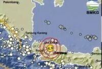 Pusat gempa magnitudo 4,9 yang mengguncang Bekasi, Jawa Barat, Rabu (20/8/2025) pukul 19.54 WIB. (BMKG)