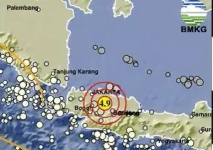 Pusat gempa magnitudo 4,9 yang mengguncang Bekasi, Jawa Barat, Rabu (20/8/2025) pukul 19.54 WIB. (BMKG)