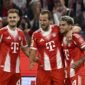Skuad Bayern Munchen merayakan gol Harry Kane ke gawang RB Leipzig, Sabtu (23/8/2025) (Sven Hoppe/dpa via AP)