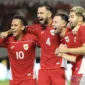Pemain Timnas Indonesia Sandy Henny Walsh berselebrasi bersama Egy Maulana, Jordi Amat, dan Marc Anthony Klok setelah mencetak gol ke gawang Taiwan di Surabaya. (Antara)