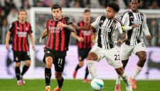 Gelandang AC Milan Christian Pulisic berebut bola dengan gelandang Juventus Weston McKennie dalam laga lanjutan Liga Italia Serie A di Stadion Allianz, Turin, Italia, Senin (6/10/2025) dini hari WIB. (X/@SerieA_EN)