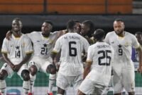 Selebrasi pemain Ghana usai Mohammed Zkudus mencetak gol ke gawang Komoro dalam pada laga terakhir Grup I Kualifikasi Zona Afrika di Stadion Accra, Senin (13/10/2025) dini hari WIB. (AFP/Issouf Sunogo)