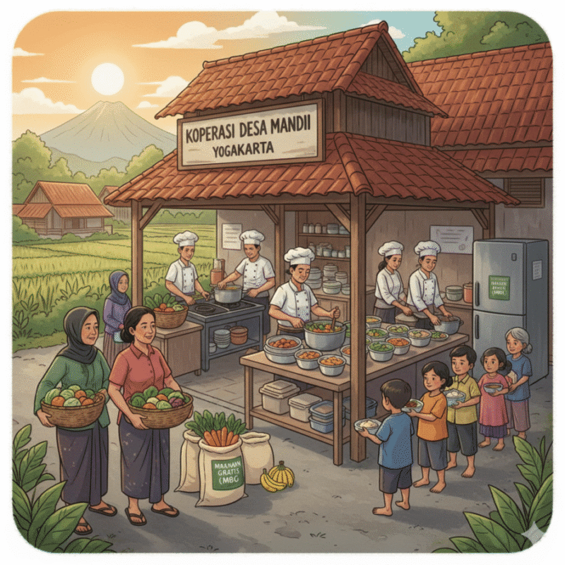 Ilustrasi - Koperasi desa memasok bahan pangan lokal untuk diolah dan disajikan sebagai MBG. (AI)