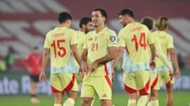 Pemain Spanyol merayakan kemenangan telak atas Georgia 4-0 pada laga tandang di Tbilisi dalam rangkaian Kualifikasi Piala Dunia 2026. (Getty Images/Levan Verdzeuli)