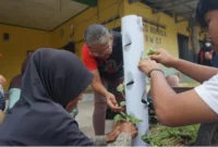 Mahasiswa UMY mengenalkan sistem tanam vertikal sebagai solusi bercocok tanam di lahan terbatas kepada warga Klangkapan. (Dok UMY)