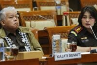 Kepala Kejaksaan Tinggi Sumatera Utara Harli Siregar dan Kepala Kejaksaan Negeri Karo Danke Rajagukguk saat penyampaian pendapat pada Rapat Dengar Pendapat Umum dengan Komisi III DPR RI di kompleks parlemen Senayan, Jakarta, Kamis (2/4/2026).