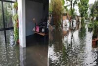 Banjir berulang di kompleks D'Amerta Residence pada Kamis (30/4/2026), hujan deras membuat permukaan air sungai meningkat dan menerobos tanggul di dua titik benteng yang rusak. (Kolase foto/ihd)

