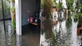 Banjir berulang di kompleks D'Amerta Residence pada Kamis (30/4/2026), hujan deras membuat permukaan air sungai meningkat dan menerobos tanggul di dua titik benteng yang rusak. (Kolase foto/ihd)

