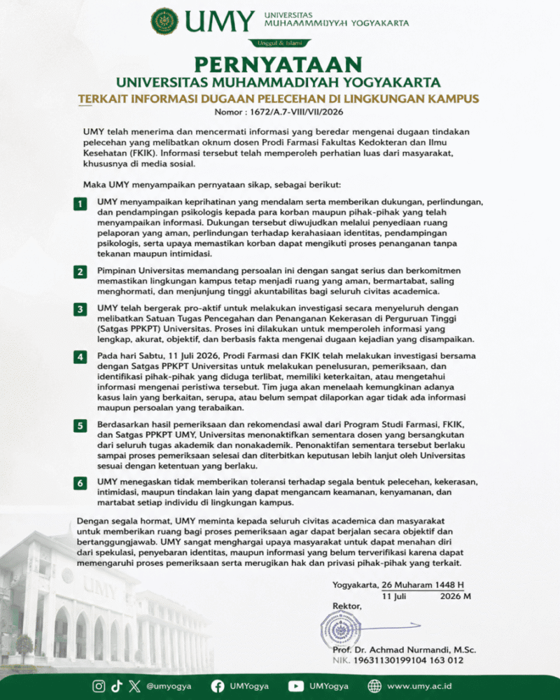 Pernyataan resmi UMY terkait dugaan pelecehan.