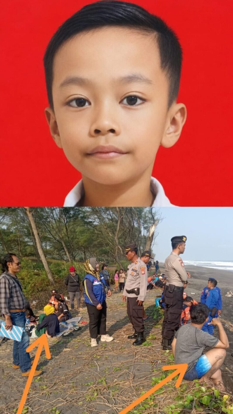 (Foto Atas) Muhammad Bara Rizki Wardana hilang terseret arus Pantai Goa Cemara, Minggu (5/7/2026). Orang tua korban (tanda panah) ikut pencarian bersama TIM SAR Gabungan.