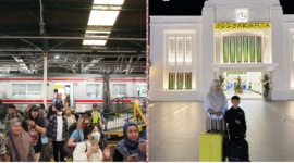 Suasana Stasiun  KAI Daop 6 Yogyakarta & Salah satu wisatawan berfoto di depan Stasiun Tugu (wawan-jogjaoke.com)