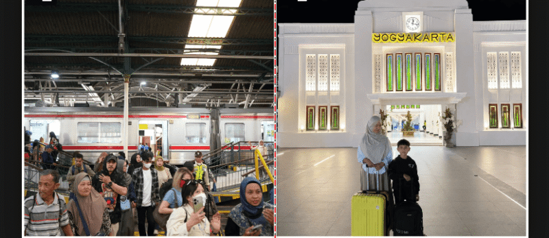 Suasana Stasiun  KAI Daop 6 Yogyakarta & Salah satu wisatawan berfoto di depan Stasiun Tugu (wawan-jogjaoke.com)