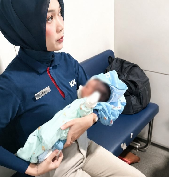 Petugas KAI Daop 6 Yogyakarta menggendong bayi yang ditemukan di dalam toilet KA Sancaka 84B relasi Yogyakarta–Surabaya Gubeng, Sabtu (4/7/2026)