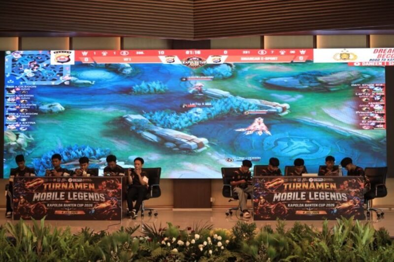 Pertandingan Turnamen Mobile Legends Kapolda Banten Cup 2026 berlangsung di Aula Gawe Kuta Baluwarti, Polda Banten, Sabtu (4/7/2026)
