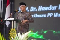 Ketum PP Muhammadiyah, Prof. Dr. Haedar Nashir saat memberikan amanatnya dalam peresmian Gedung Muhammadiyah Sapen Universal School (MSUS)