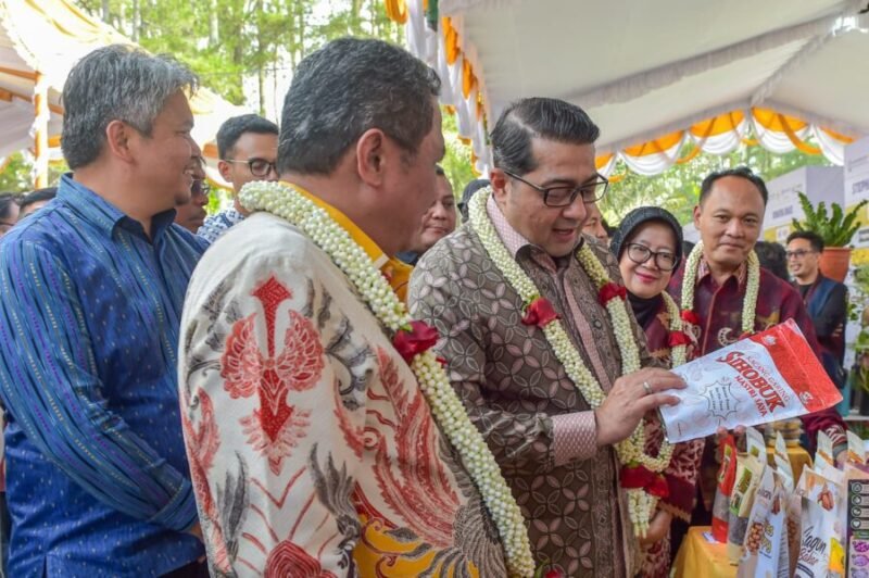 Teuku Riefky Harsya meninjau dan melihat langsung produk UMKM lokal di sela-sela perhelatan opera Tona Sian Huta di Gedung Jetun Silangit, Tapanuli Utara