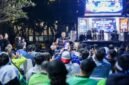 Ketua Umum Partai Demokrat menyampaikan sambutan di acara nonton bareng semifinal Piala Dunia 2026 antara Spanyol melawan Prancis di Kawasan Parkir Timur Gelora Bung Karno (GBK), Jakarta