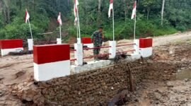 Personel TNI meninjau kondisi jembatan dan tanggul yang terdampak banjir di Kecamatan Tukka, Kabupaten Tapanuli Tengah, Sumatera Utara.