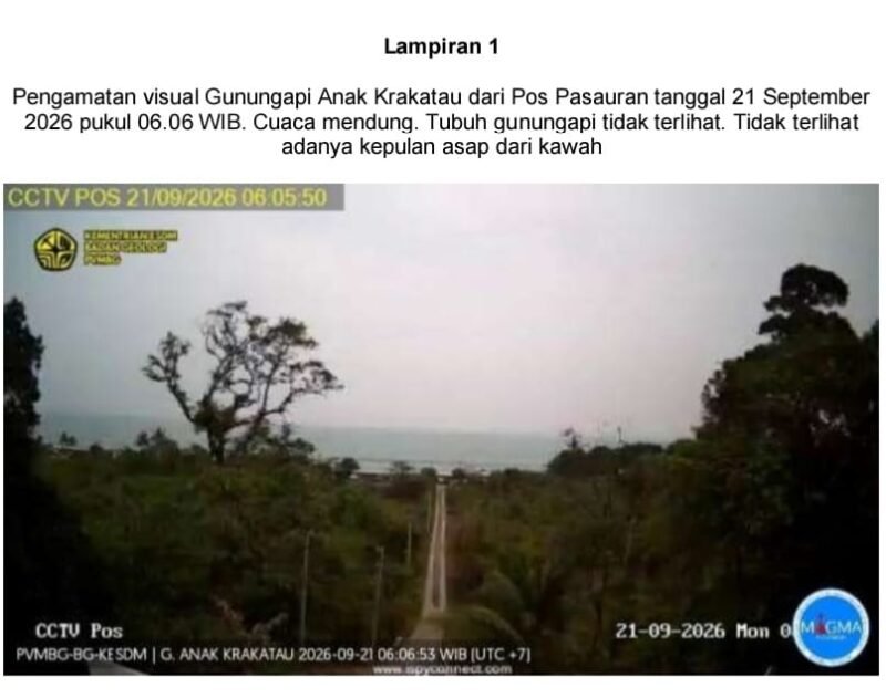 Tangkapan layar kamera CCTV dari Pos Pasauran yang memperlihatkan kondisi pengamatan visual Gunungapi Anak Krakatau pada Senin (21/9/2026) pukul 06.06 WIB.