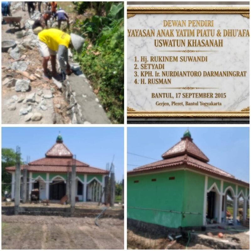 Rangkaian proses pembangunan asrama yatim piatu dan dhu'afa Yayasan Uswatun Khasanah di Gerjen, Pleret, Bantul — mulai dari kerja bakti warga, prasasti Dewan Pendiri Yayasan, hingga wujud bangunan yang kini mulai berdiri di atas tanah wakaf almarhumah Hj. Rukinem Suwandi.