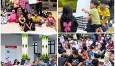 Rangkaian dokumentasi kegiatan Jam Belajar Masyarakat (JBM) Kelurahan Tahunan, mulai dari penyerahan bantuan meja belajar lipat, suasana anak-anak belajar bersama, hingga momen kebersamaan usai kegiatan berlangsung.