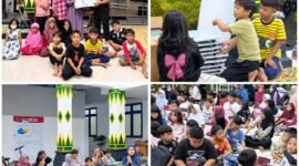 Rangkaian dokumentasi kegiatan Jam Belajar Masyarakat (JBM) Kelurahan Tahunan, mulai dari penyerahan bantuan meja belajar lipat, suasana anak-anak belajar bersama, hingga momen kebersamaan usai kegiatan berlangsung.