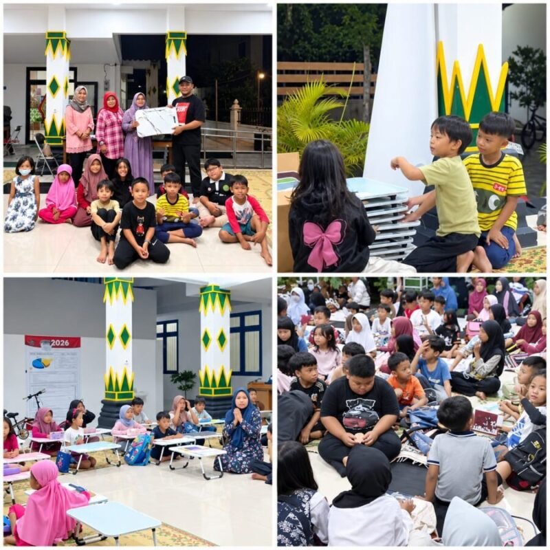 Rangkaian dokumentasi kegiatan Jam Belajar Masyarakat (JBM) Kelurahan Tahunan, mulai dari penyerahan bantuan meja belajar lipat, suasana anak-anak belajar bersama, hingga momen kebersamaan usai kegiatan berlangsung.