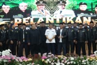 upati Bandung Dadang Supriatna foto bersama pengurus DPD PPSI Kabupaten Bandung periode 2026–2031 usai pelantikan di Gedung Moh. Toha, Soreang

