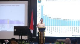 Wakil Menteri Dalam Negeri Akhmad Wiyagus memaparkan capaian Standar Pelayanan Minimal (SPM) Tuberkulosis kabupaten/kota se-Jawa Tengah dalam Pertemuan Monitoring dan Evaluasi ACF TBC di Karanganyar, Senin (28/9/2026).